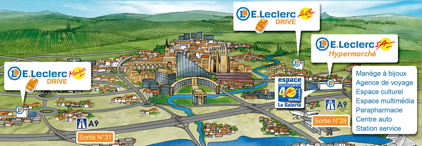 Le plan de situation du magasin E. Leclerc Saint-Aunès - Montpellier Est